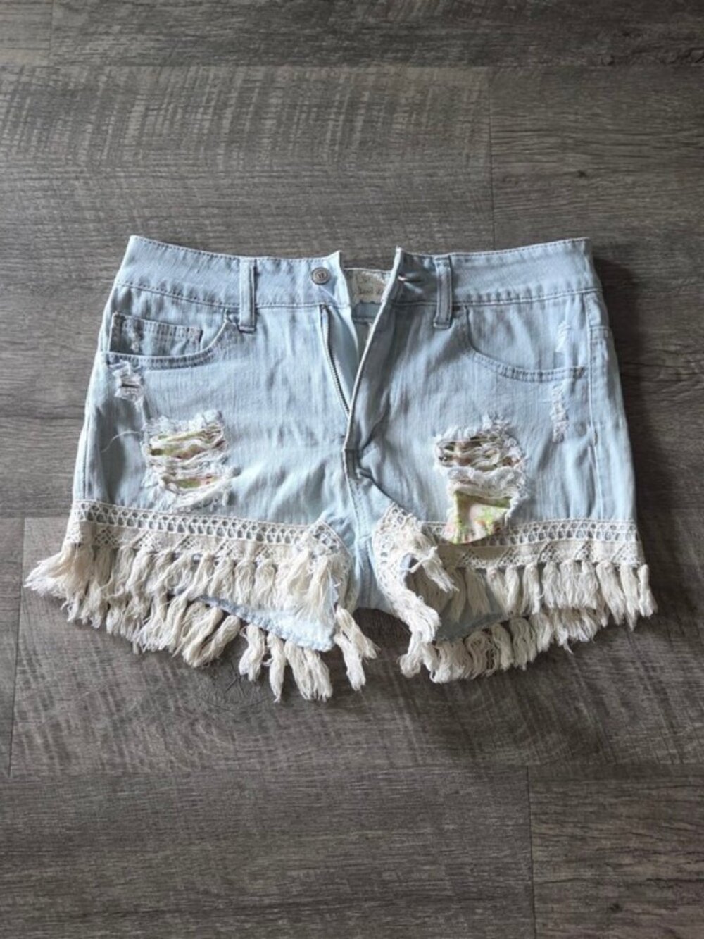 Altar'd State Light Blue Distressed Fringe Denim Shorts.